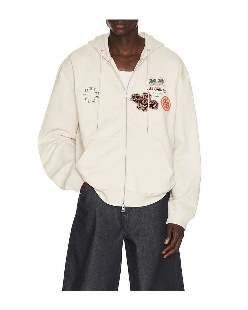 AllSaints White Patcher Zip Through Hoodie for men