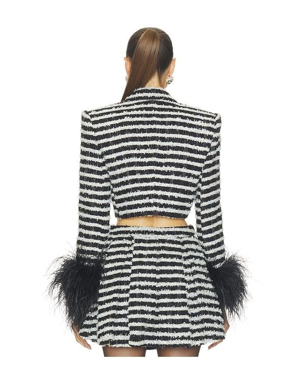 Bronx and Banco Multicolor Tweed Cropped Jacket With Feather Cuffs