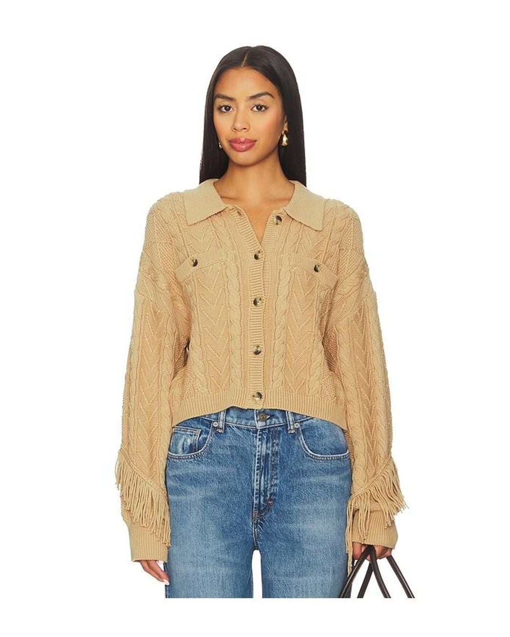 Central Park West Blue Elyse Cabled Fringe Sweater Cardigan