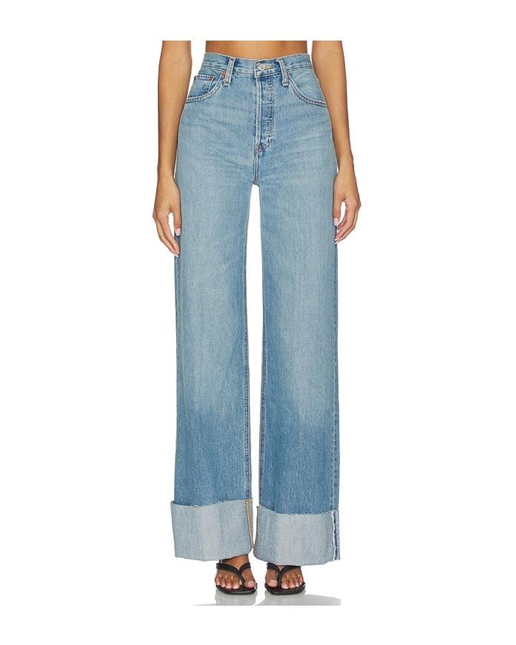 Re/done Blue High Rise Wide Leg Cuff Jeans