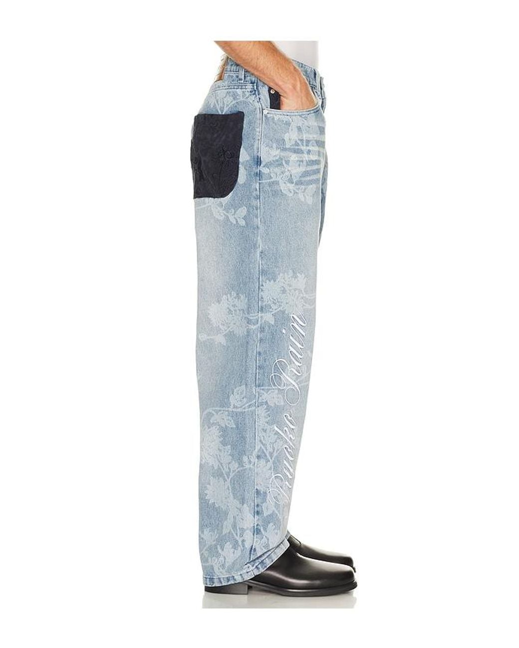 Ryoko Rain Blue Laser Engraved Floral Jeans for men