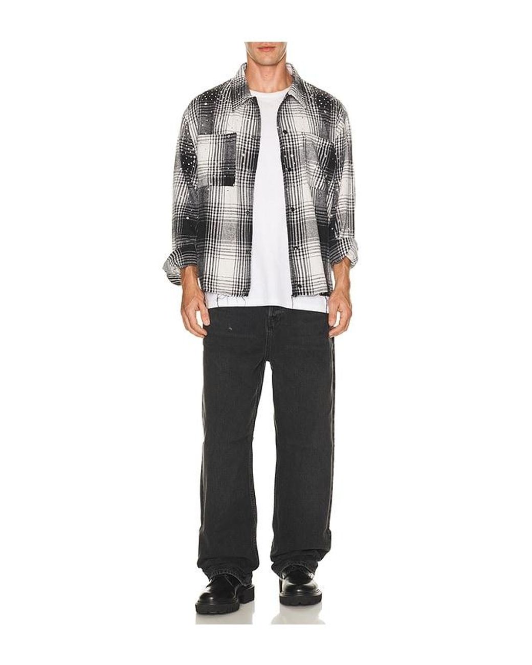 Ryoko Rain Gray Button Up Rhinestone Flannel for men