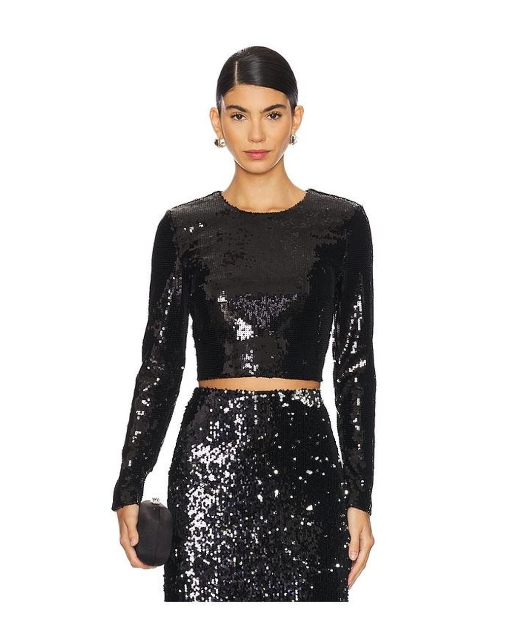 L'Agence Black Rogan Crop Sequin Long Sleeve Top