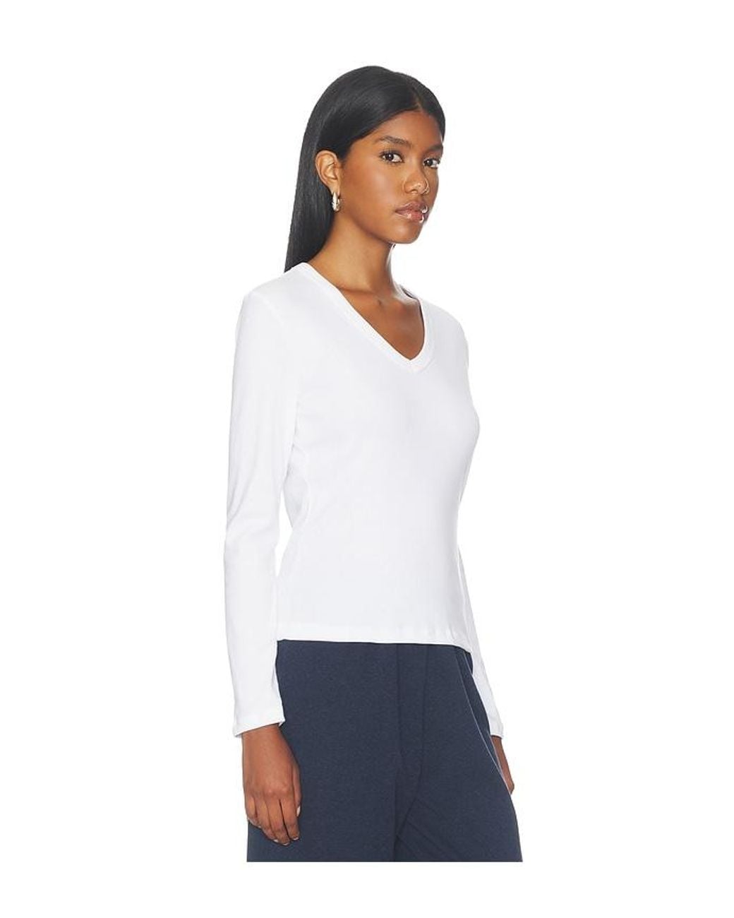 Leset White Nando Slim Long Sleeve V Neck Top