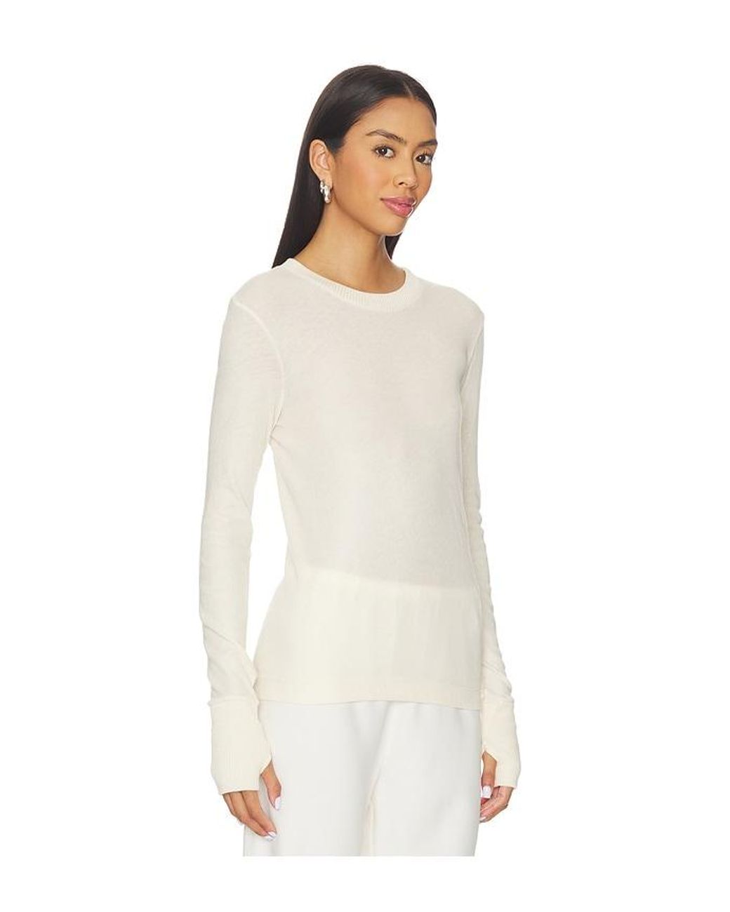 Enza Costa White Cashmere Easy Cuffed Crew Top