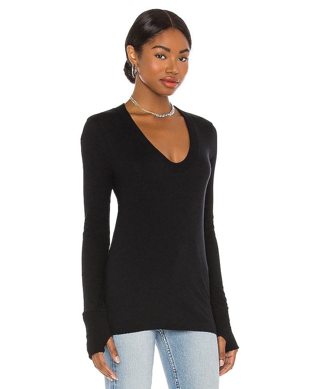 Enza Costa Black Cashmere Fitted V Neck Sweater