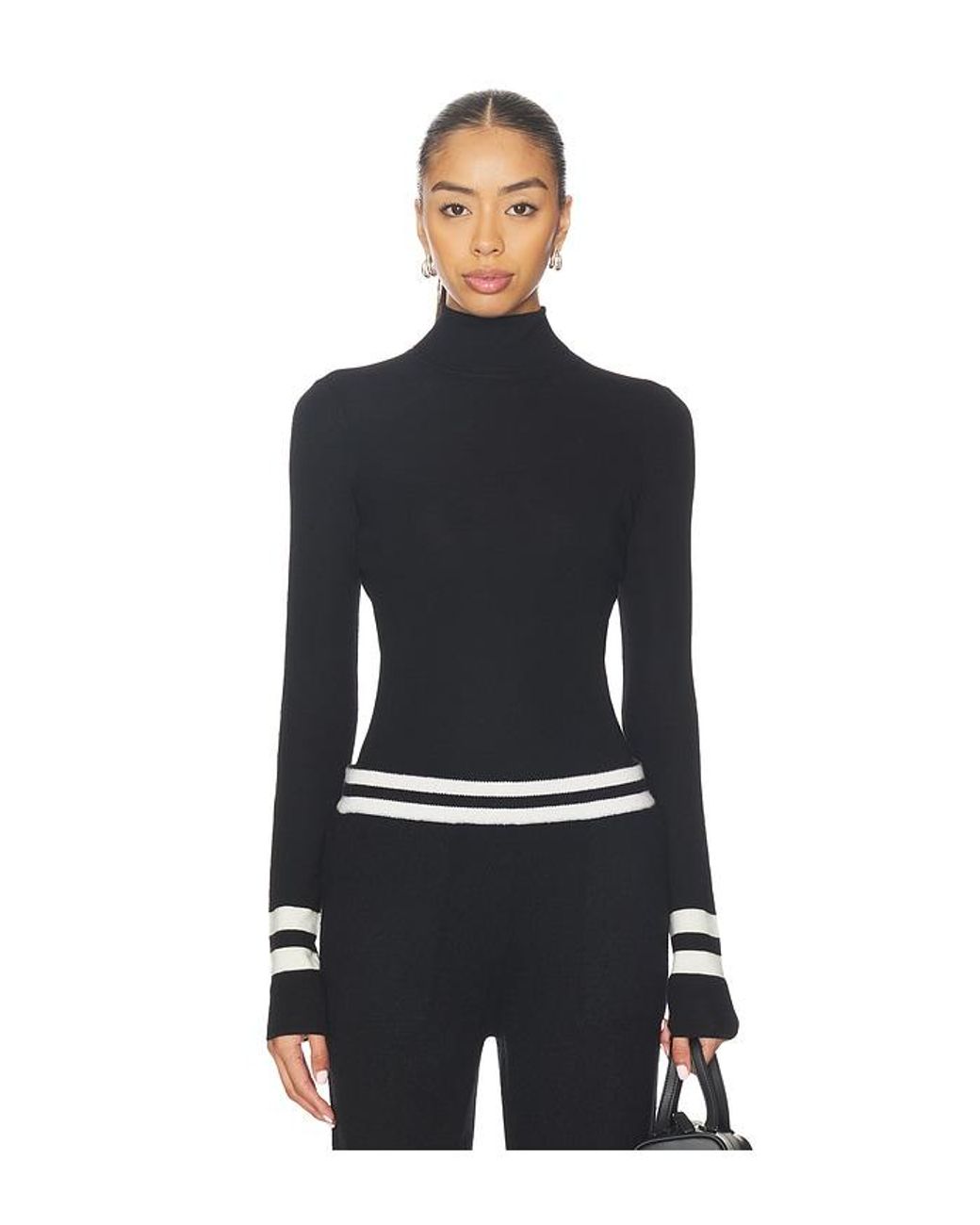 White + Warren Black Superfine Merino Striped Fitted Turtleneck