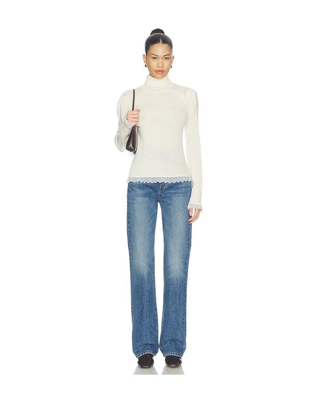 Ganni Blue Merino Turtleneck With Lace Details Sweater