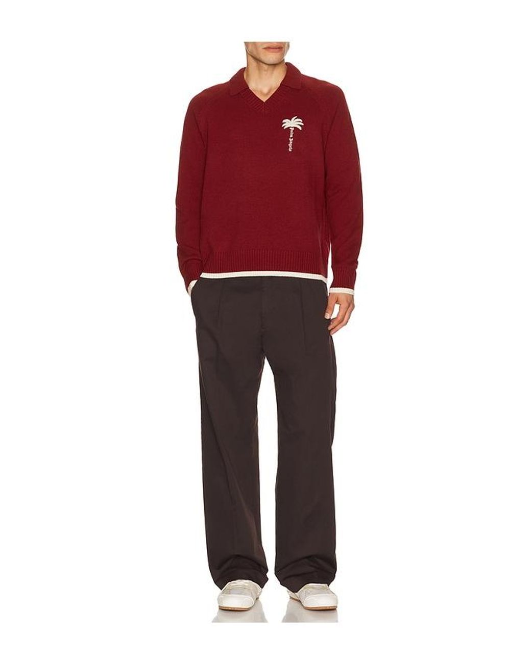 Palm Angels Red Palm Tree Knit Loose V Neck Polo for men