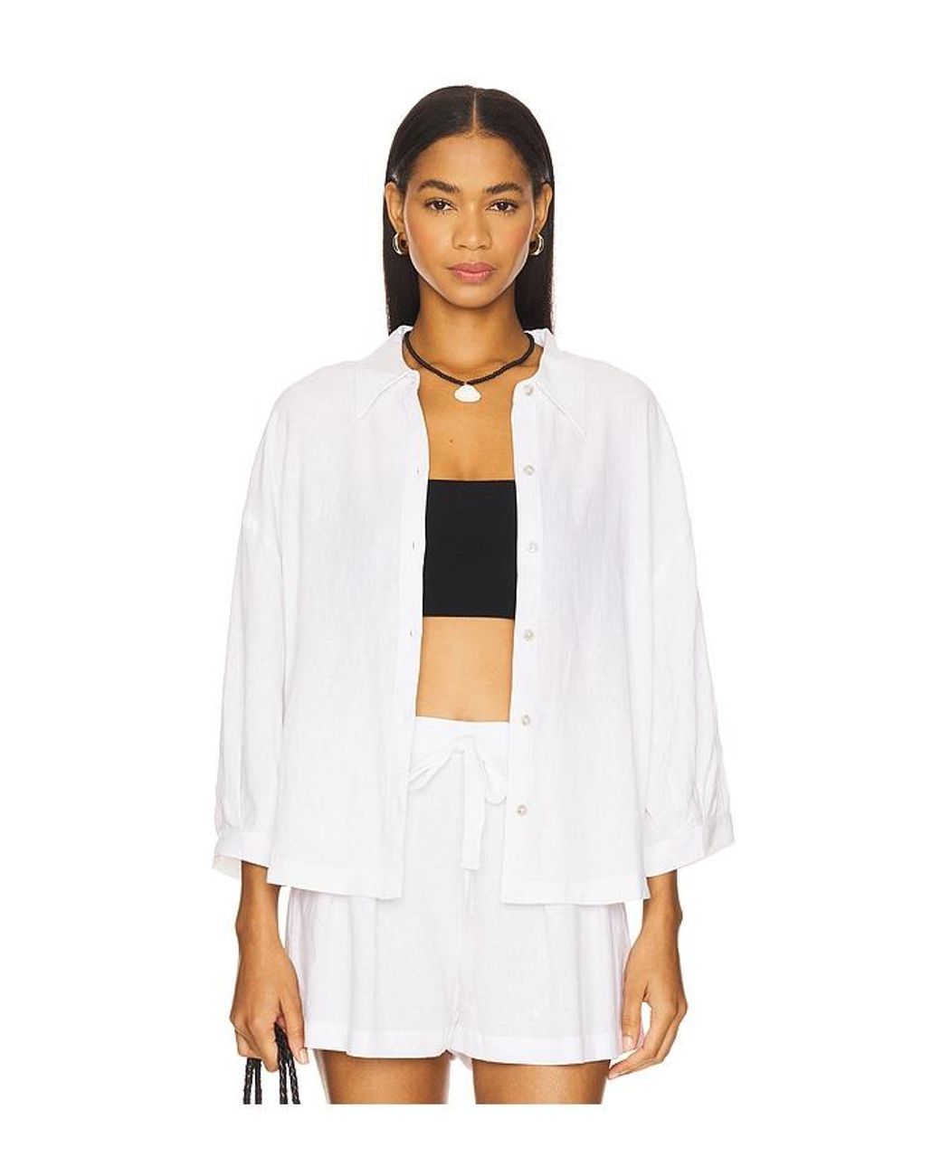 Eberjey White Linen Blend Relaxed Sleeve Top