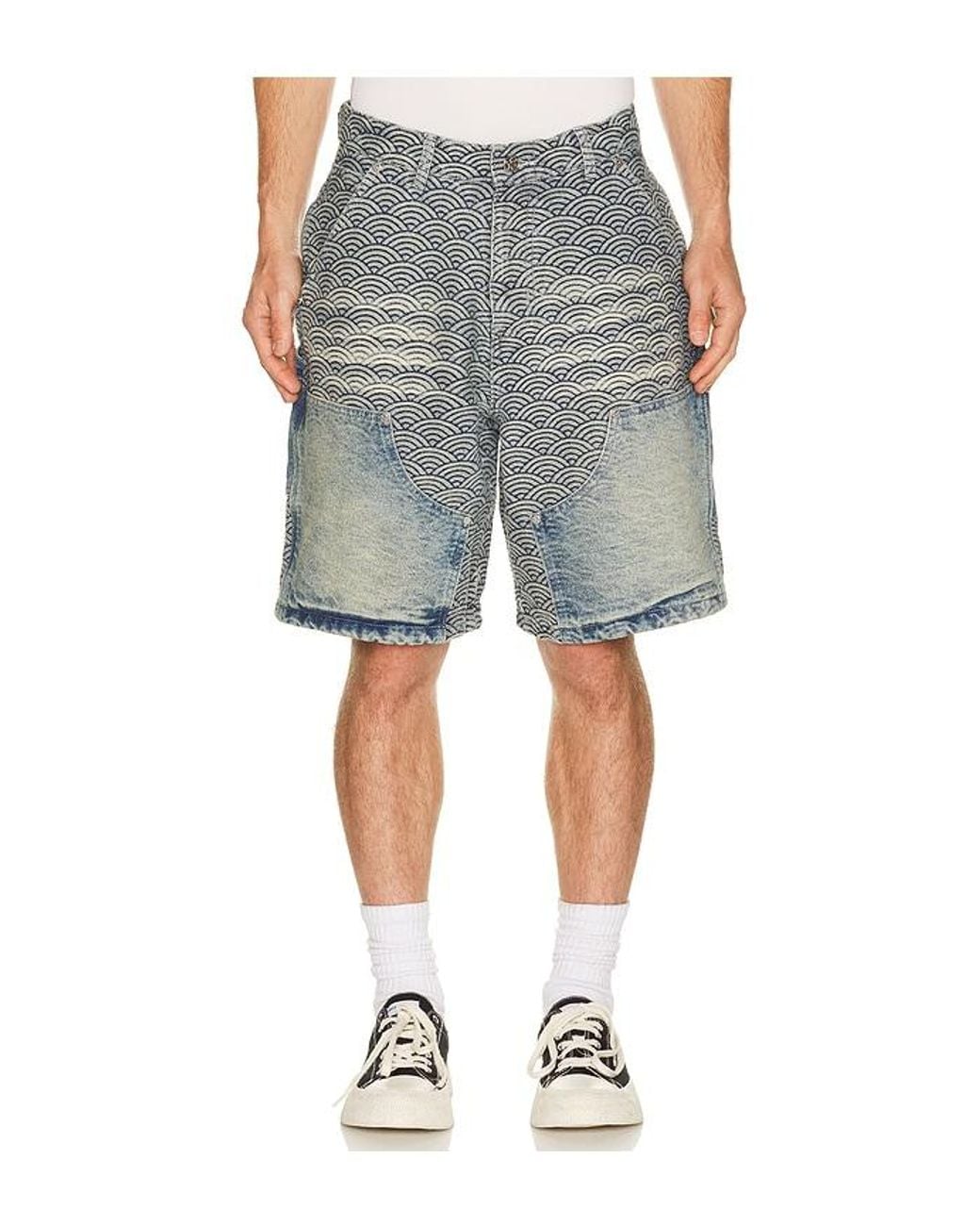 Ryoko Rain Gray Seigaiha Denim Shorts for men