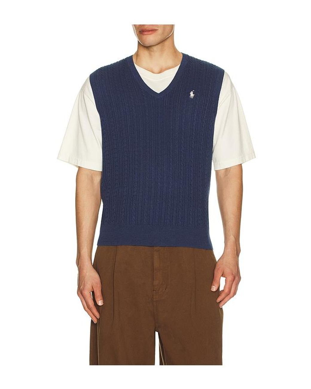 Polo Ralph Lauren Blue Sleeveless Featherweight Cable Knit V-Neck Sweater Vest for men