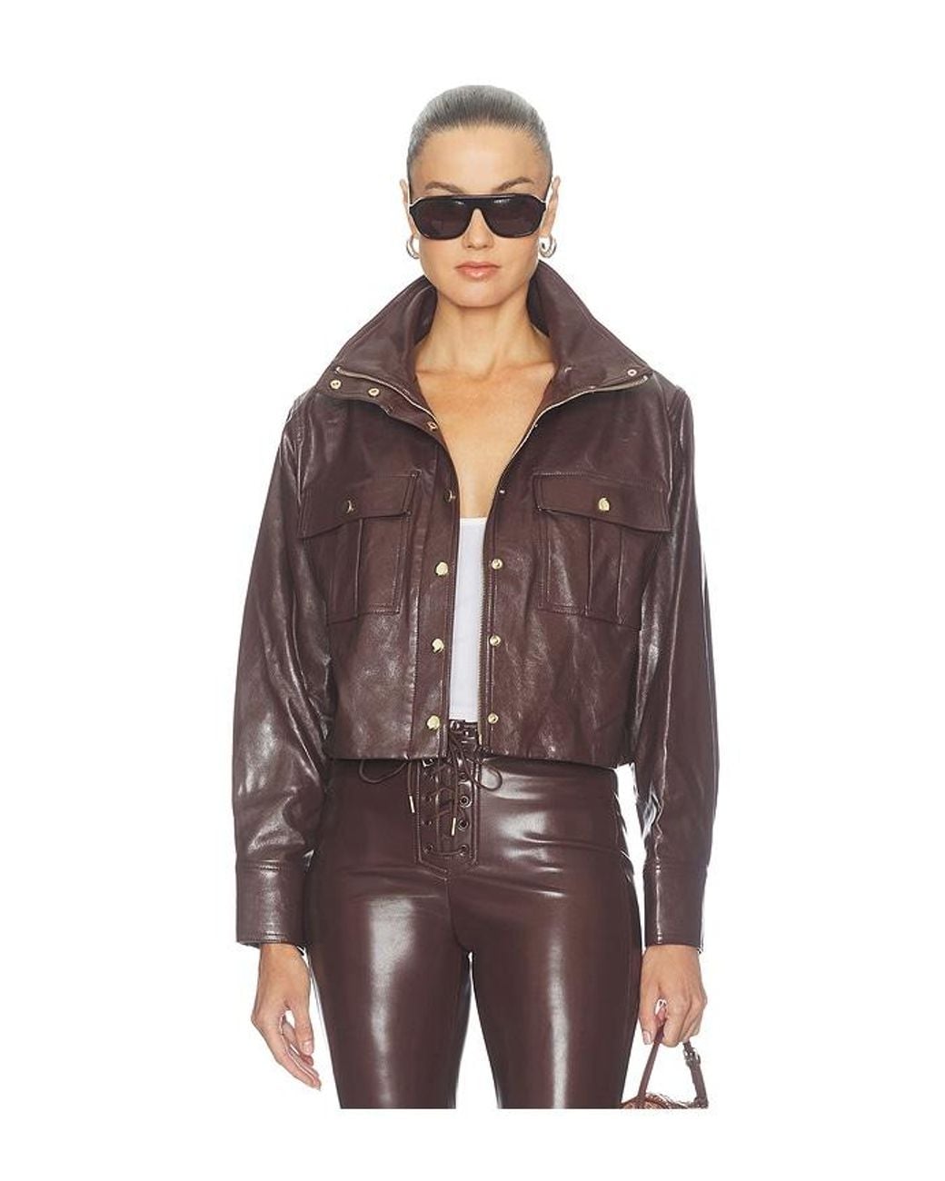 Alice + Olivia Brown James Faux Leather Cropped Longsleeve Funnel Neck Parka