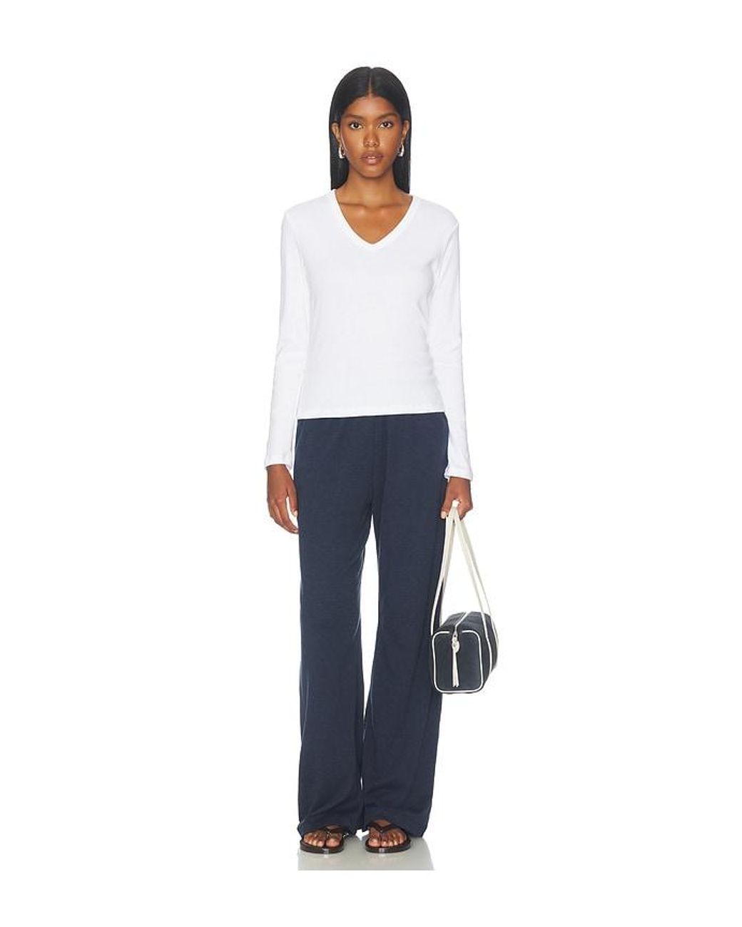 Leset White Nando Slim Long Sleeve V Neck Top