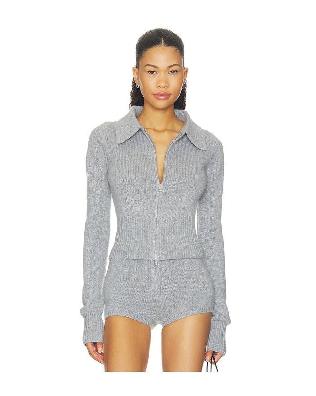 AEXAE Gray Cashmere Ribbed Collar Cardigan