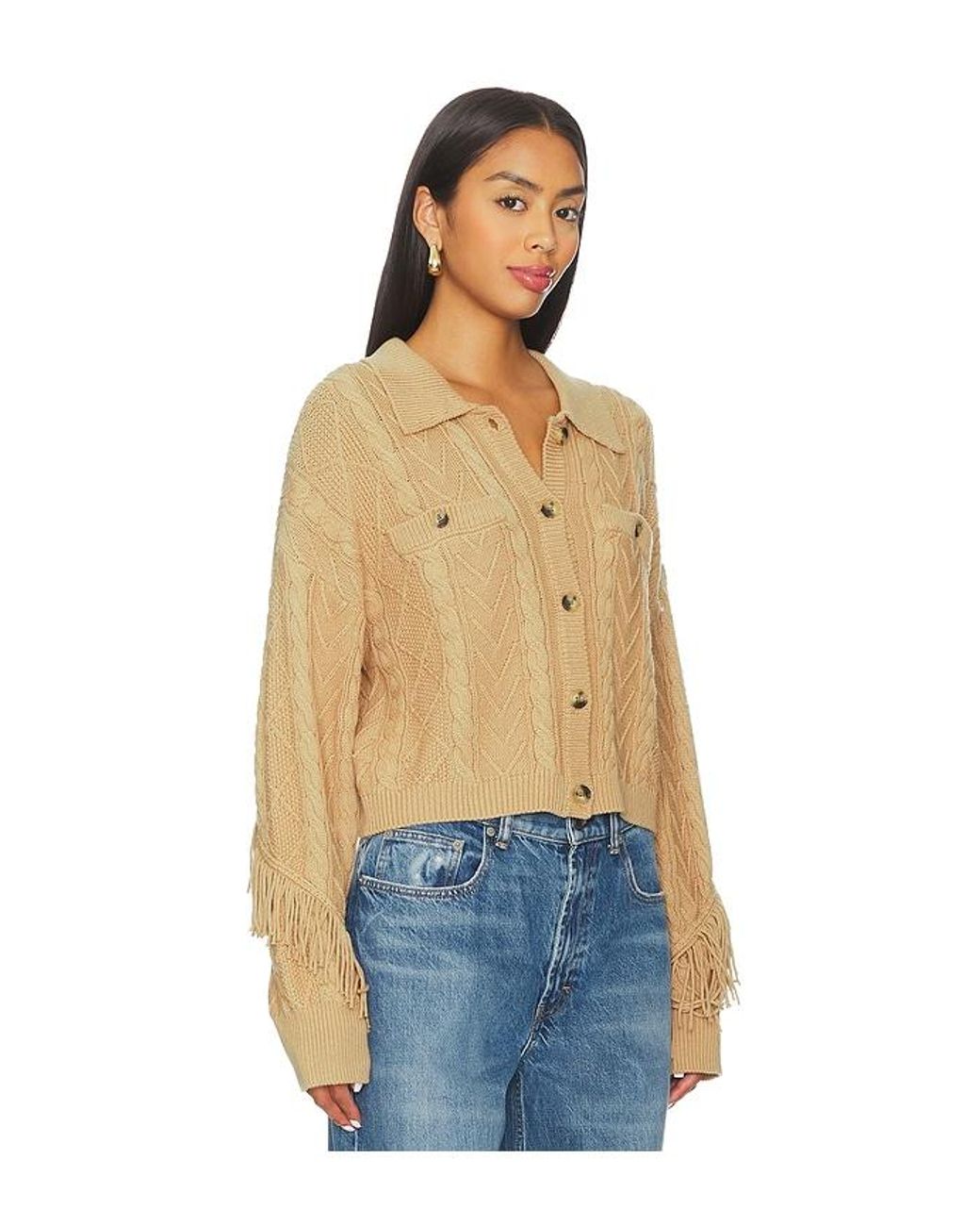 Central Park West Blue Elyse Cabled Fringe Sweater Cardigan