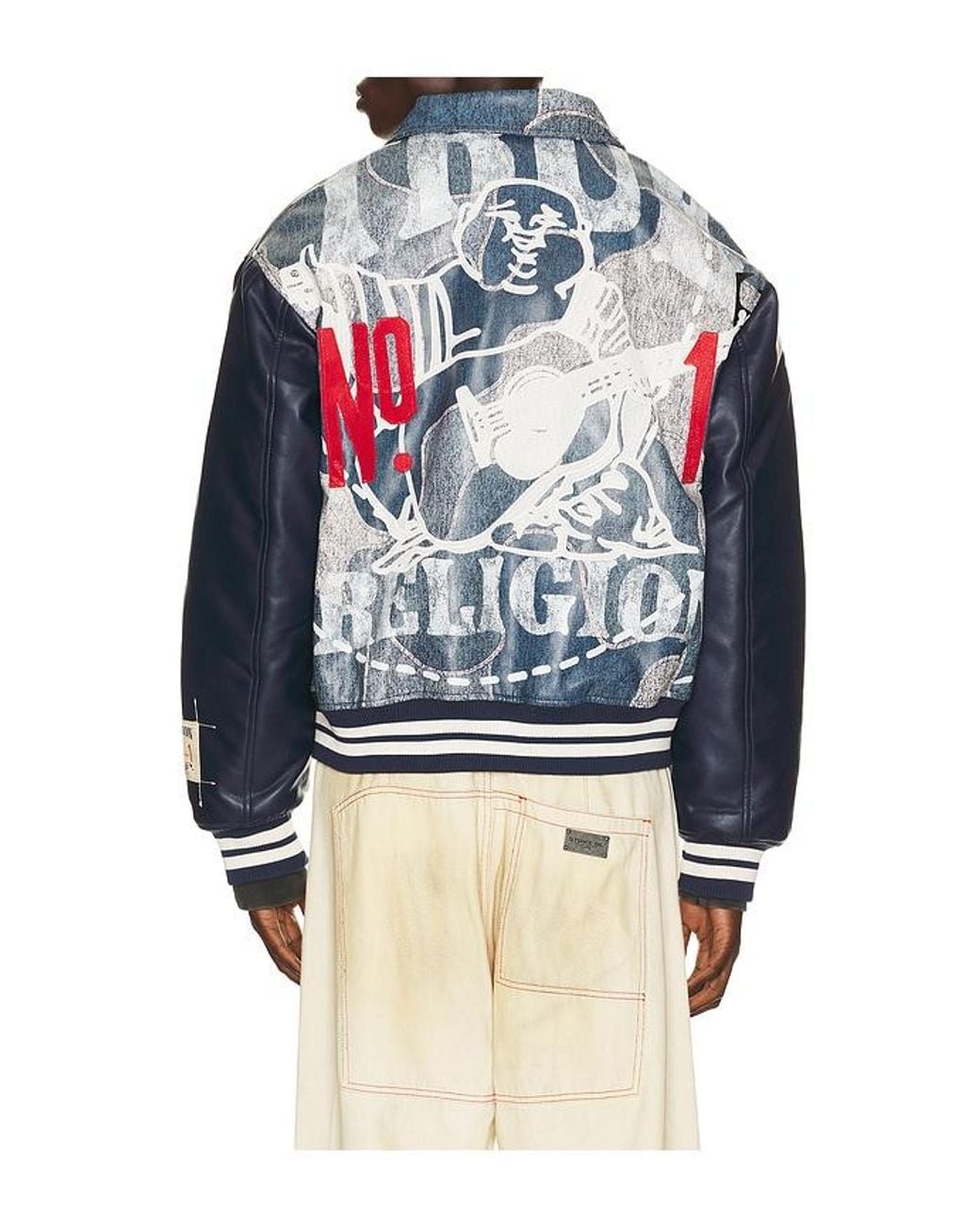 True Religion Blue Denim Print Bomber Jacket for men