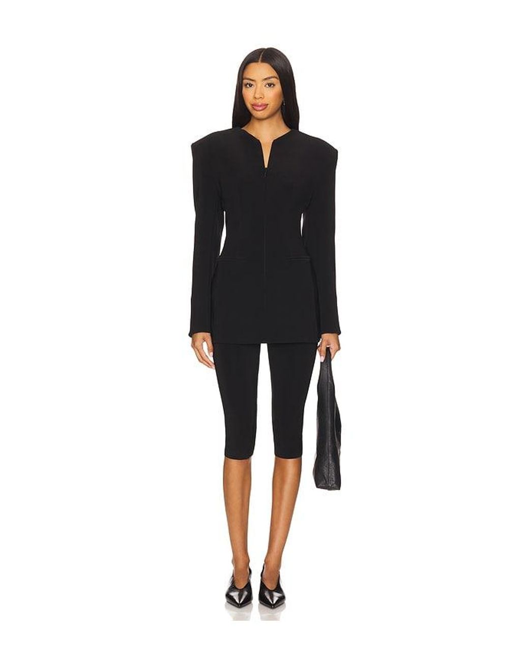 Norma Kamali Black Long Sleeve Shoulder Pad V Neck Zip Front Jacket