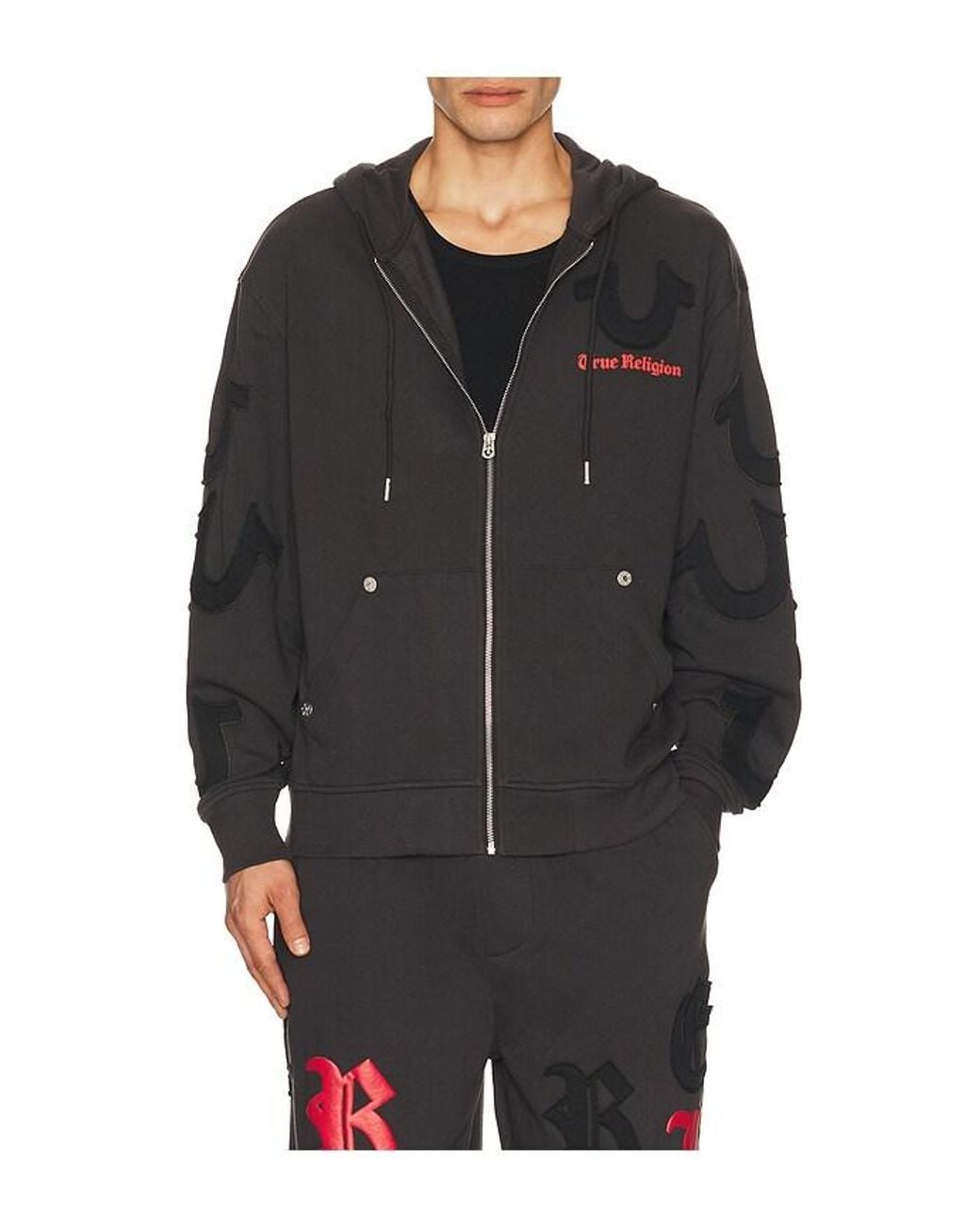 True Religion Black Tossed Logo Zip Hoodie for men