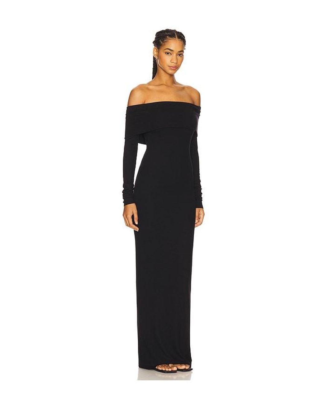 ÉTERNE Black Long Sleeve Off-Shoulder Butter Rib Maxi Dress