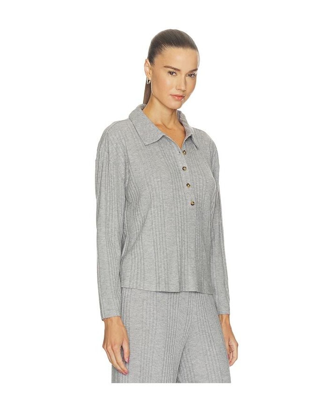 Eberjey Gray Variegated Rib Long Sleeve Polo Top