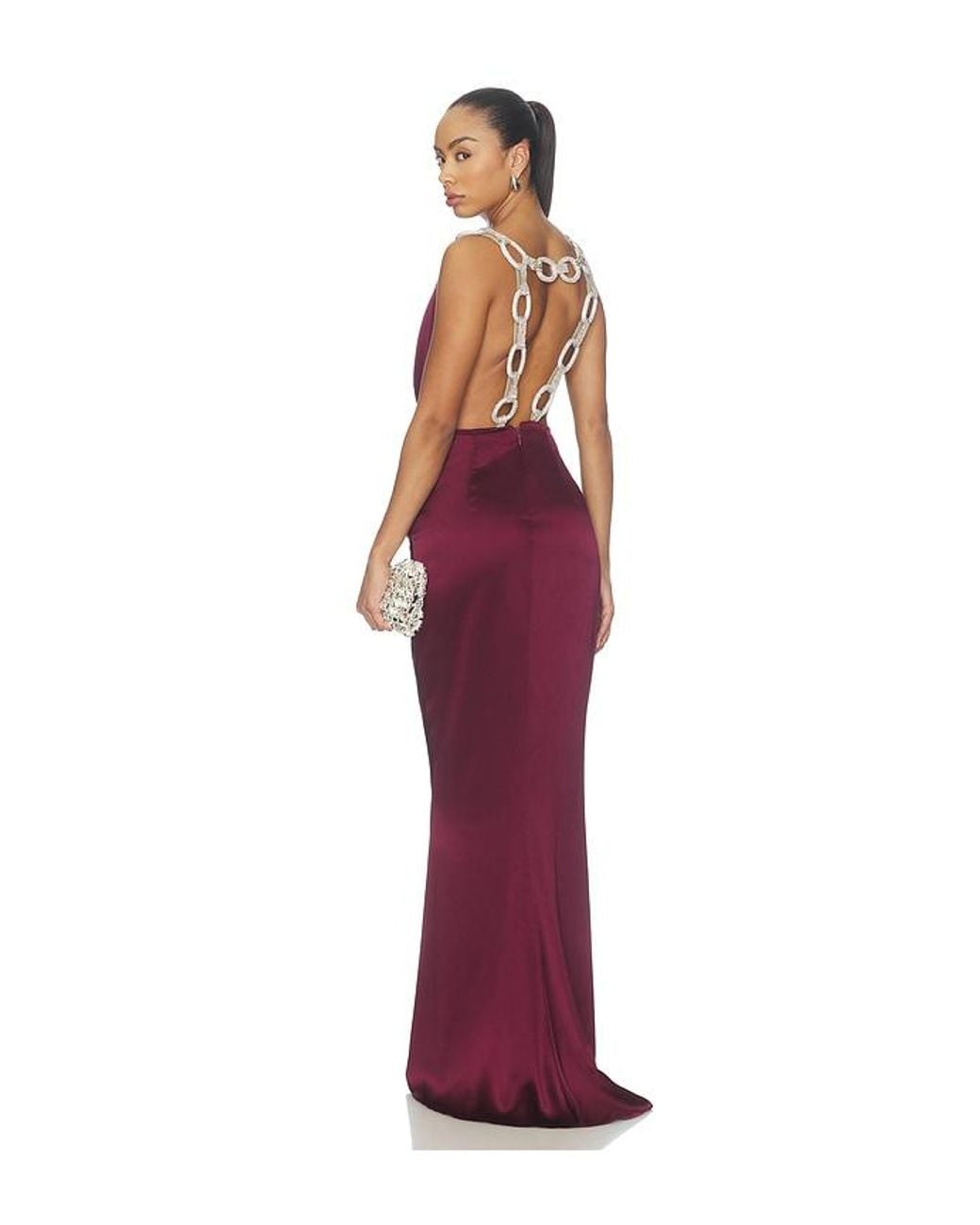 Bronx and Banco Red Silky Cowl Neck Gown With Diamond Embellished Back