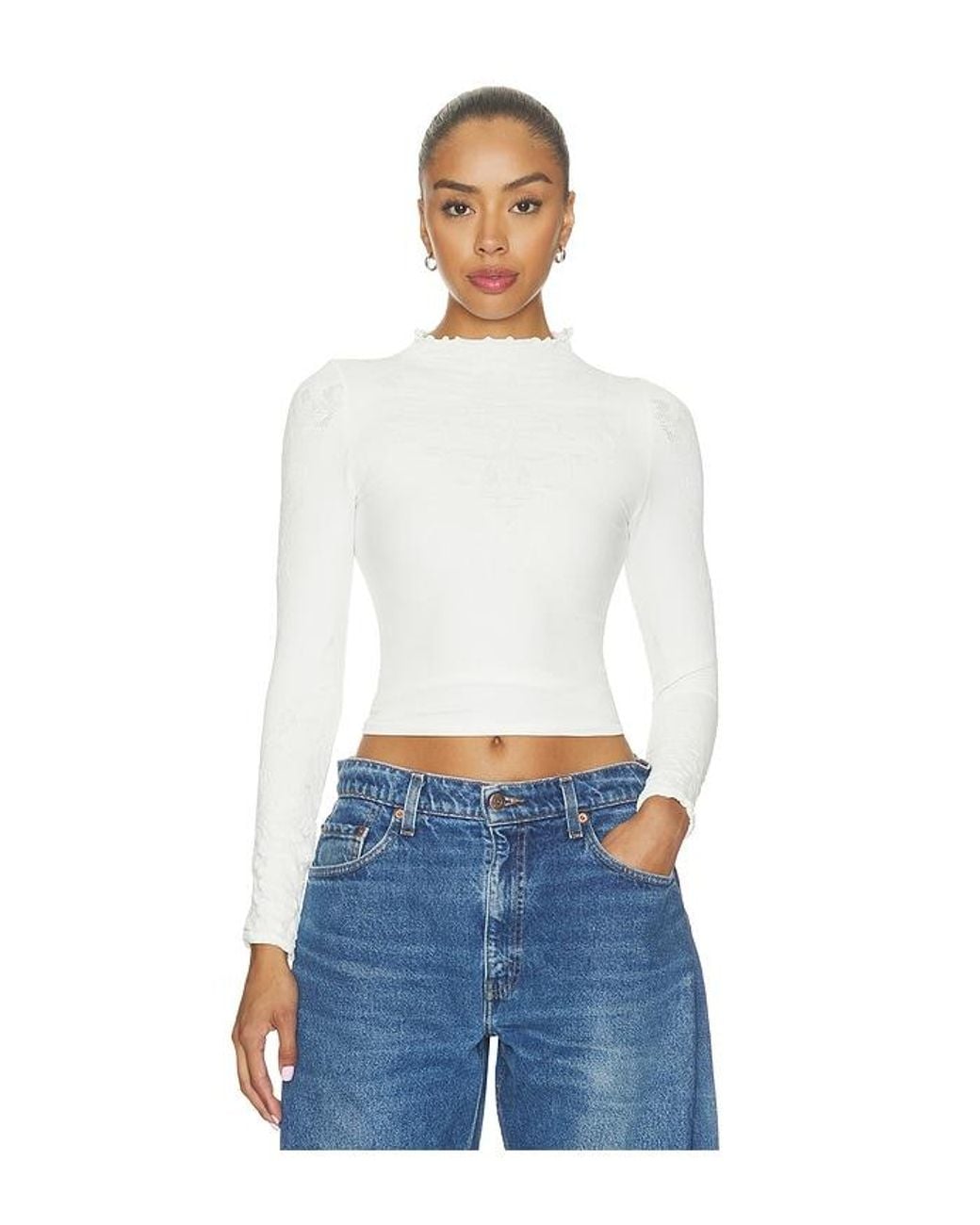 Free People White Mixed Feelings Mock Neck Tee