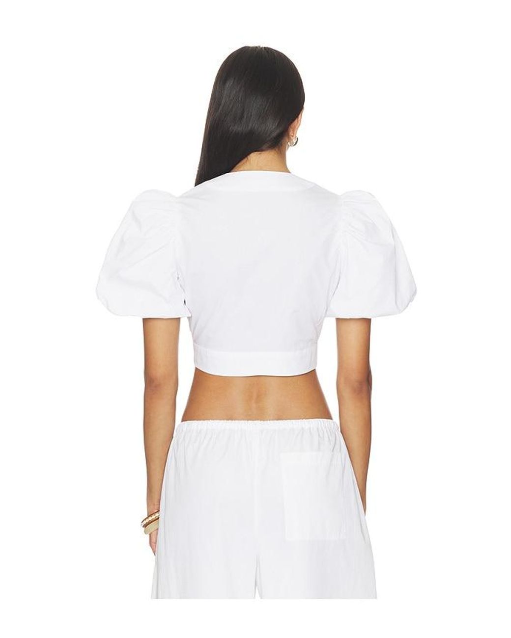 Susana Monaco White Poplin Bubble Sleeve Tie Front Top