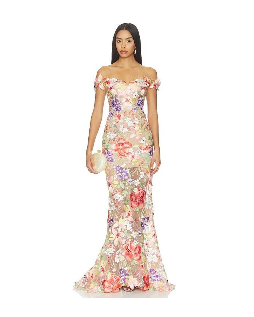 Bronx and Banco White Flora 3D Off The Shoulder Gown