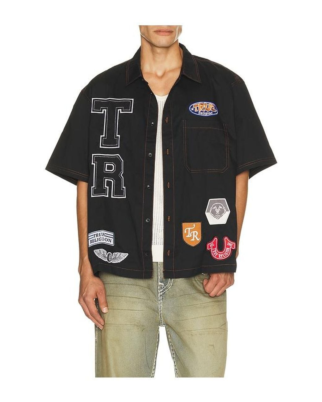 True Religion Black Short Sleeve Patchwork Shirt for men