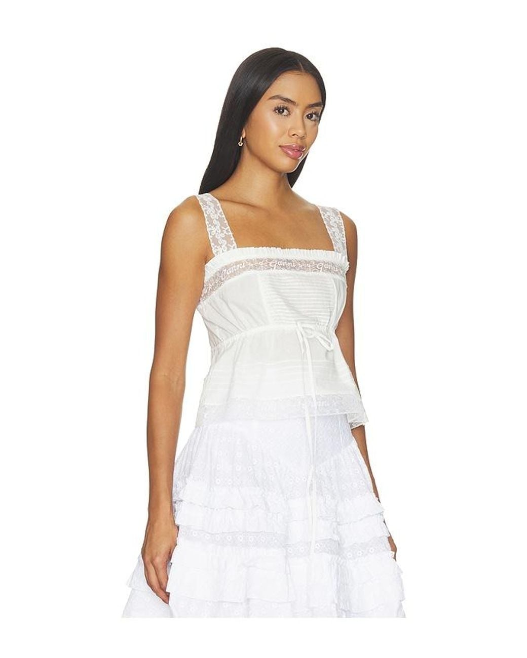 Ganni White Cotton Voile Lace Slip Top