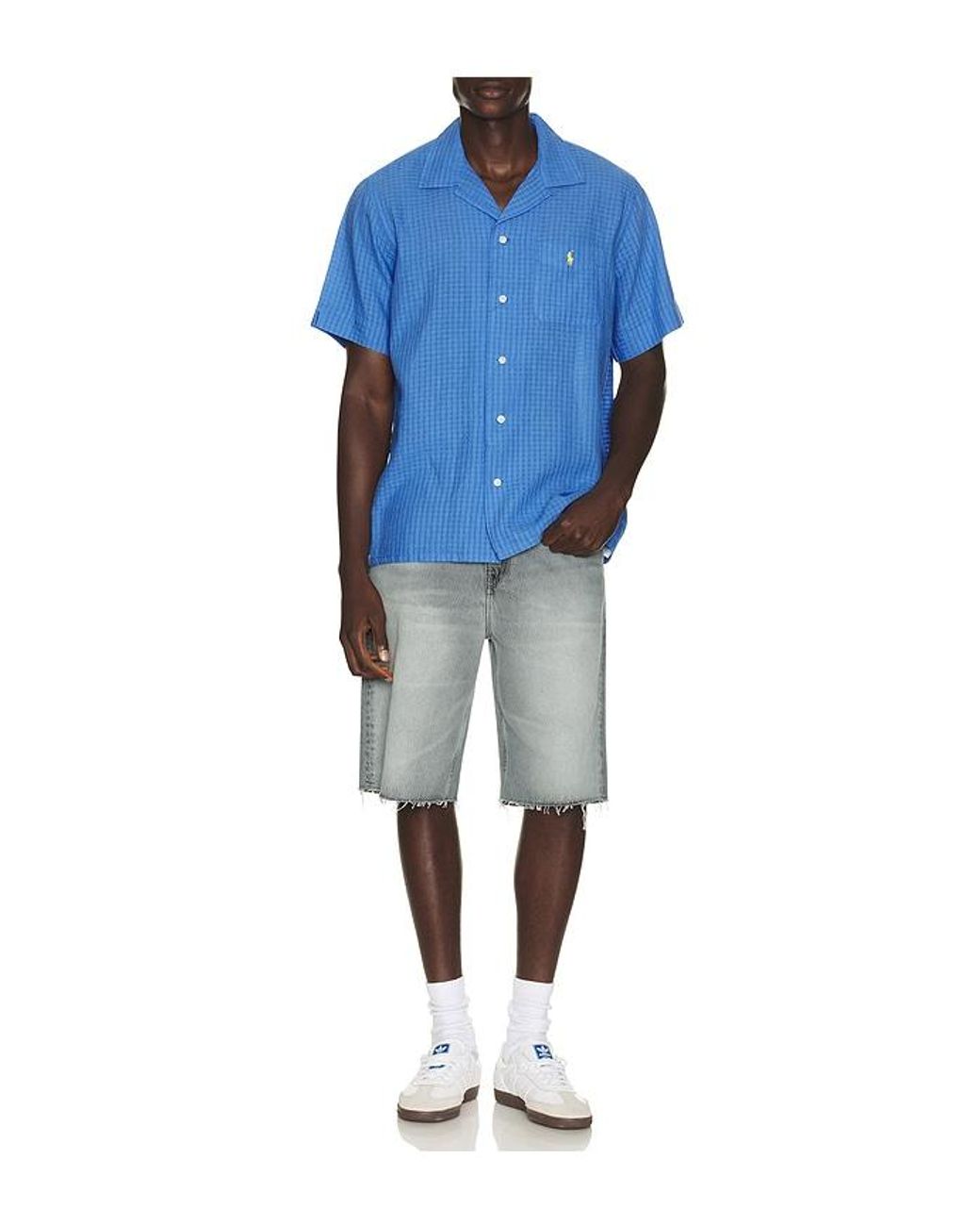 Polo Ralph Lauren Blue Short Sleeve Seersucker Linen Andy Camp Shirt for men