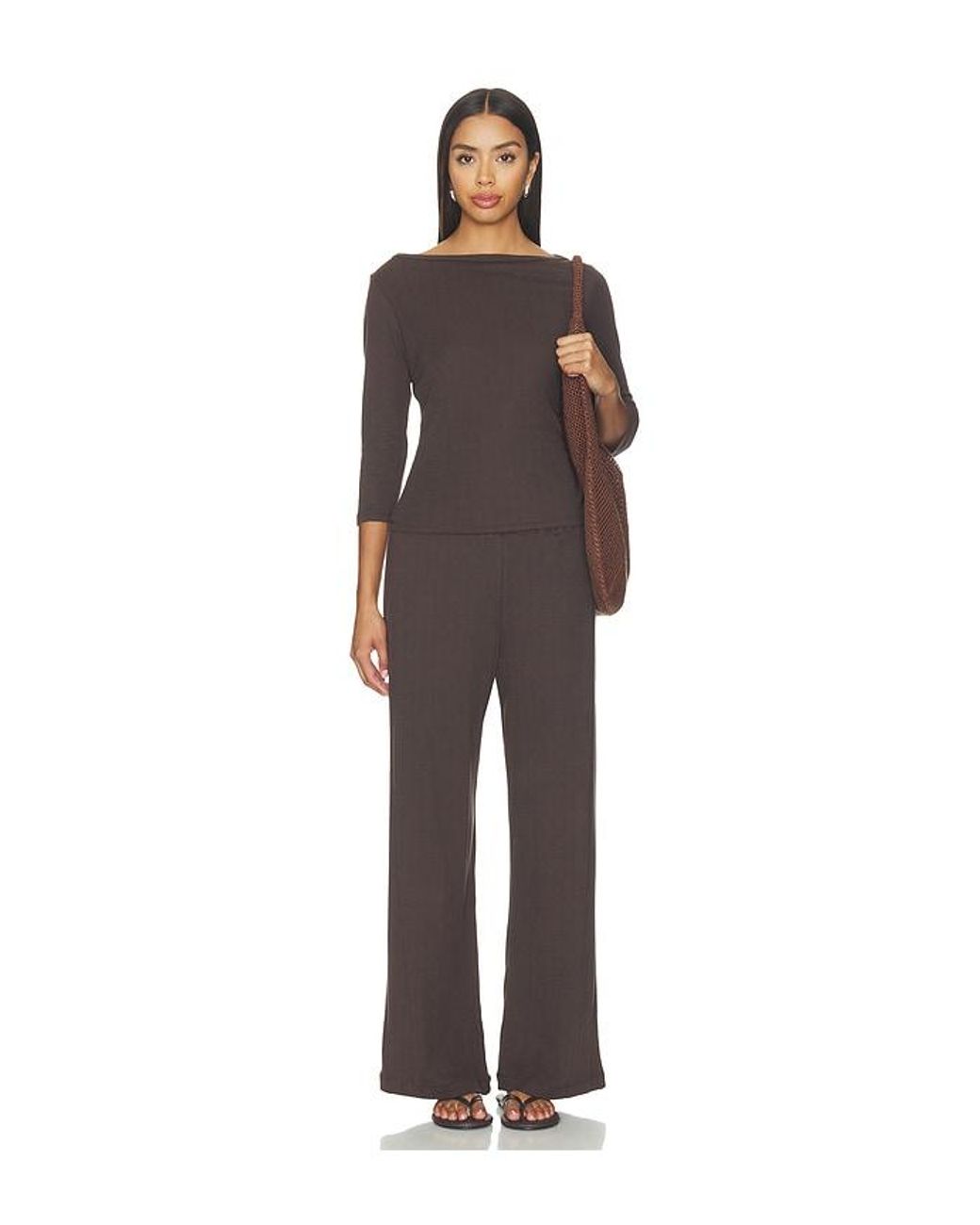 VIR VITA Brown Florence Boatneck Pointelle Top