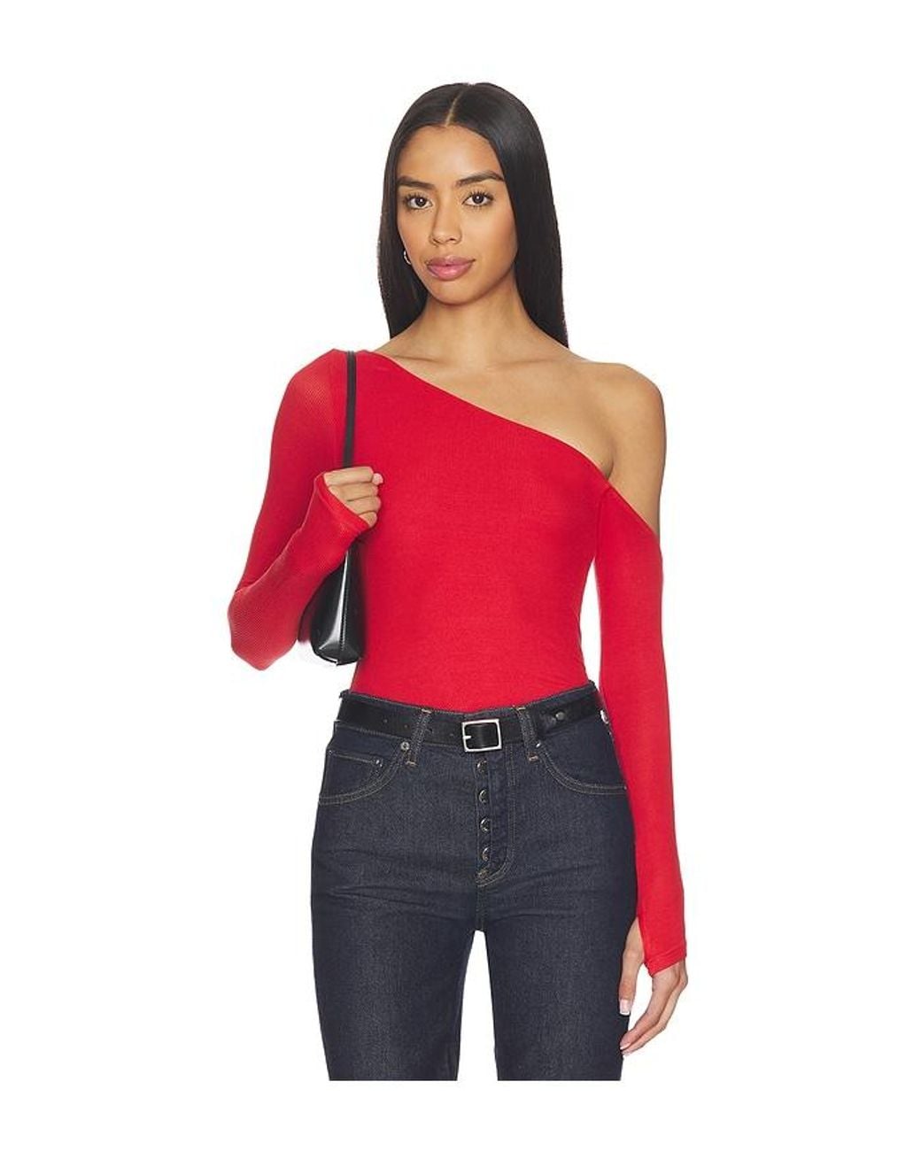 Michael Lauren Red Magdaleno Asymmetrical Fitted Cold Shoulder Top