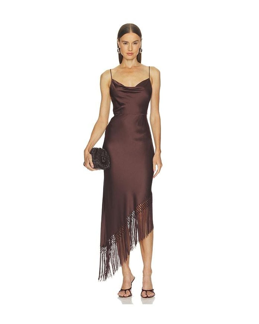 Alice + Olivia Brown Harmony Drapey Slip Asymmetrical Midi Dress With Fringe