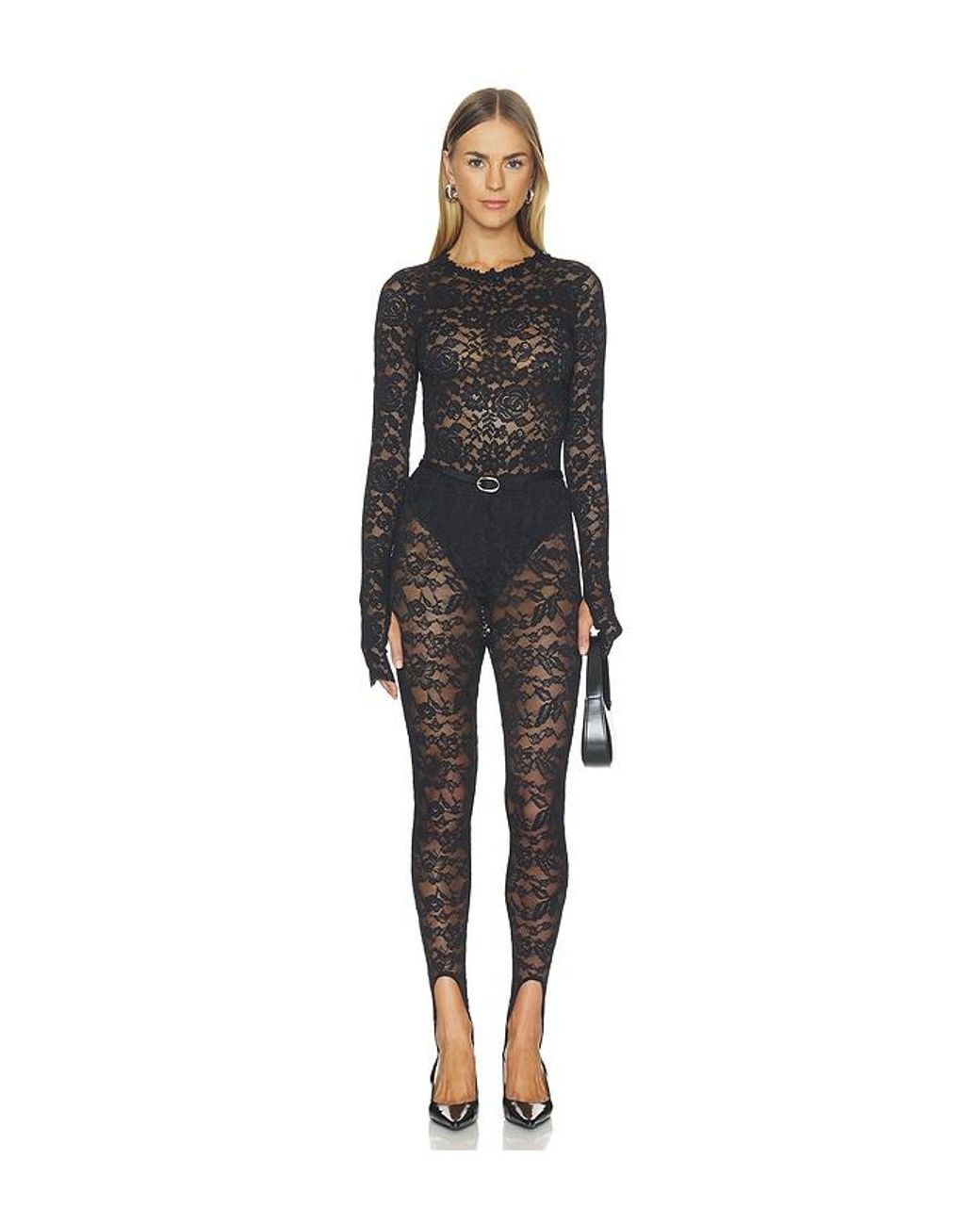 Alice + Olivia Black Taeyn Lace Crew Neck Bodysuit