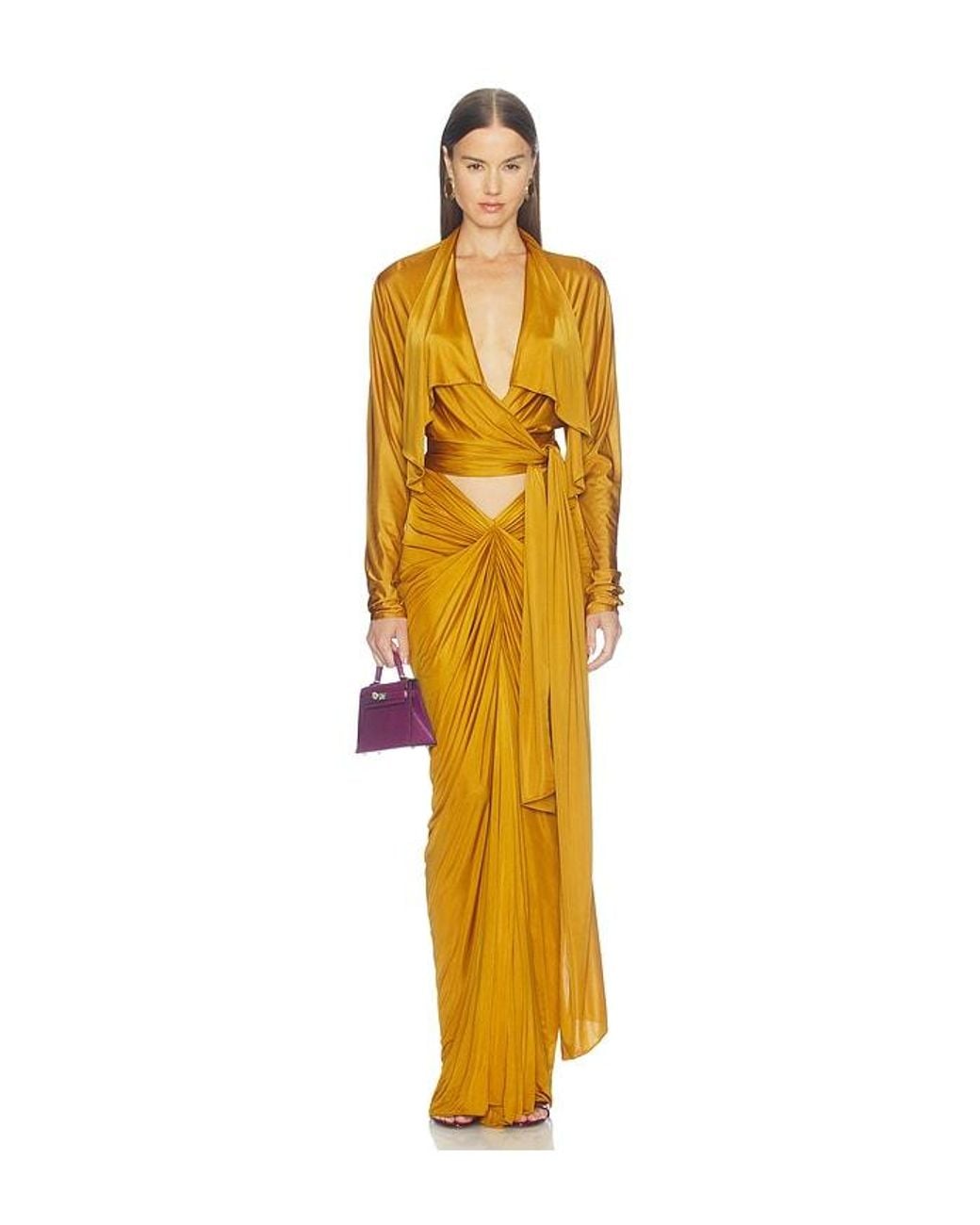 Balmain Yellow Open Neck Draped Viscose Jersey Top