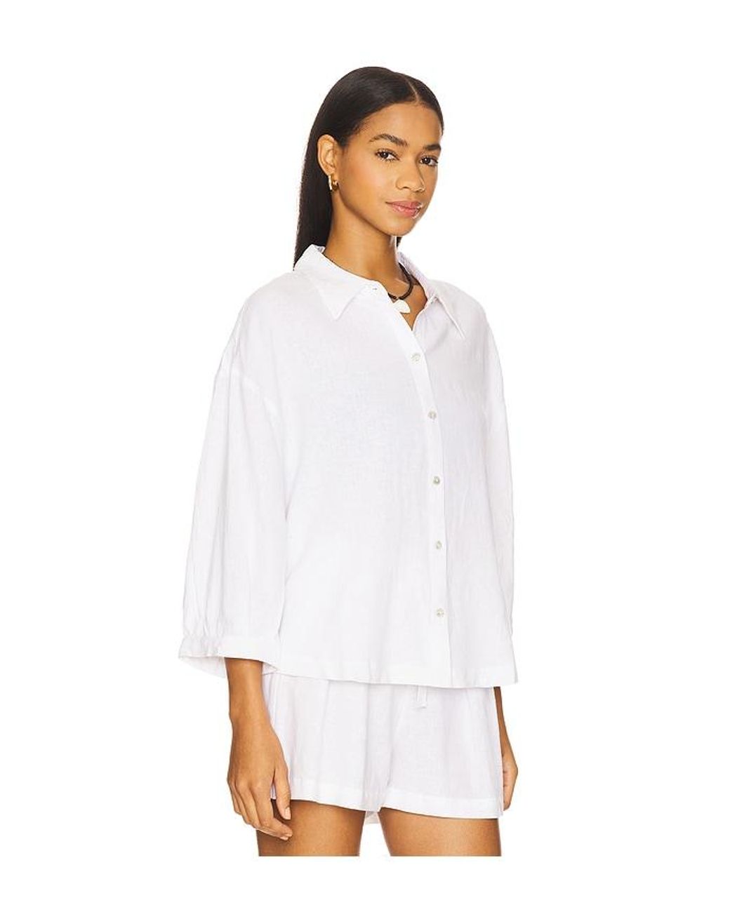Eberjey White Linen Blend Relaxed Sleeve Top