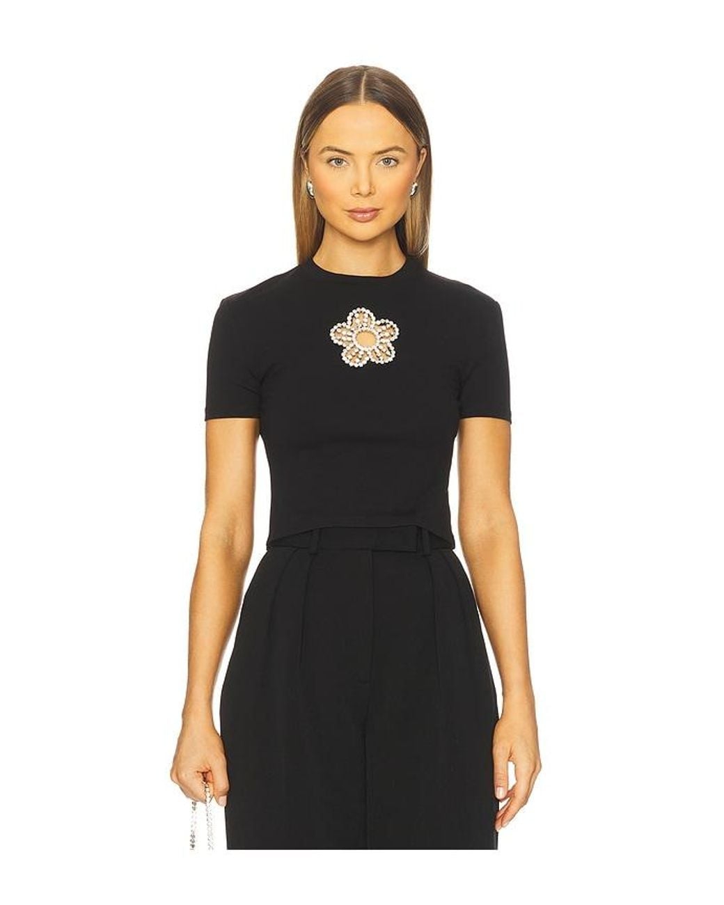 Area Black Crystal Flower Cropped T-Shirt