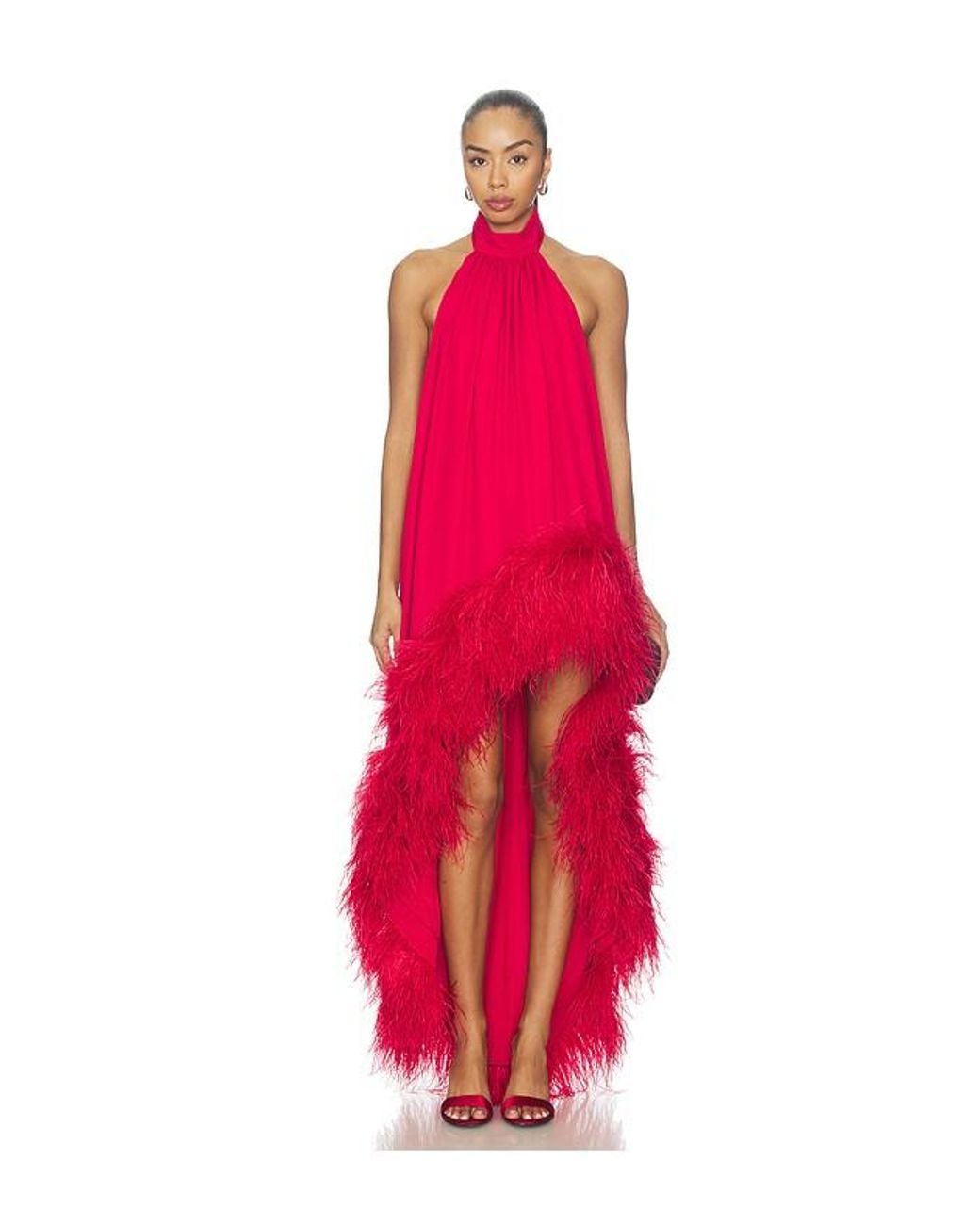 Bronx and Banco Red Halter Neck Feather Gown