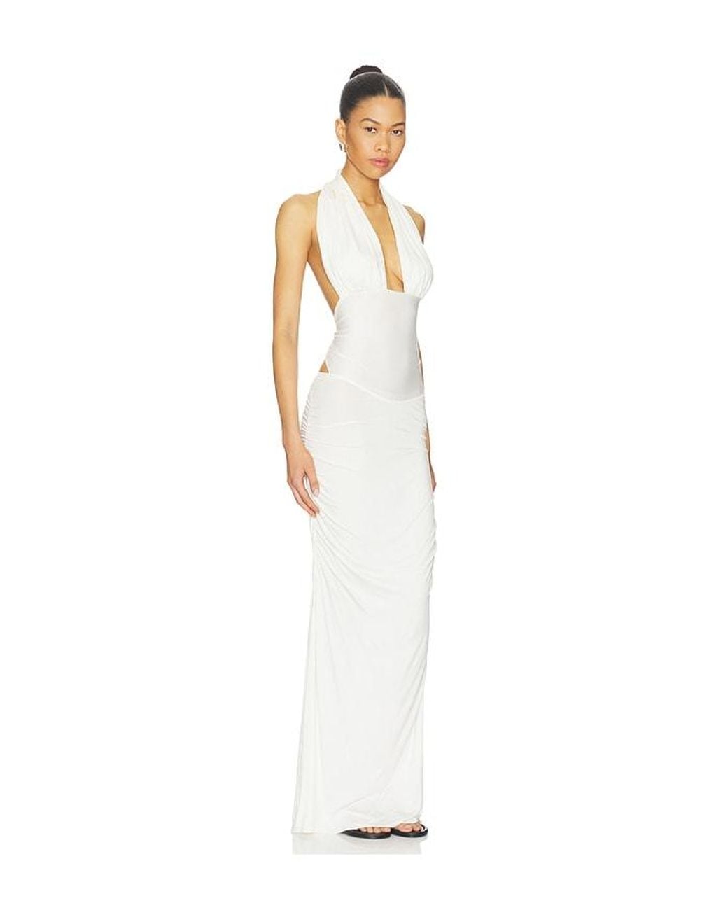 Indah White Amanda Solid Halter Maxi Dress