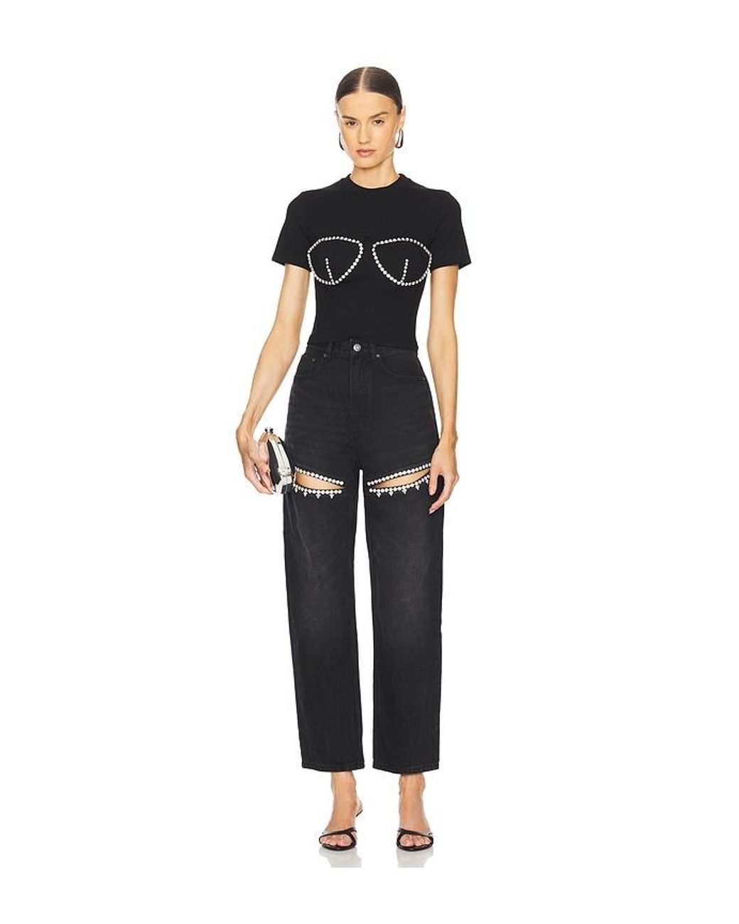 Area Black Crystal Slit Jeans