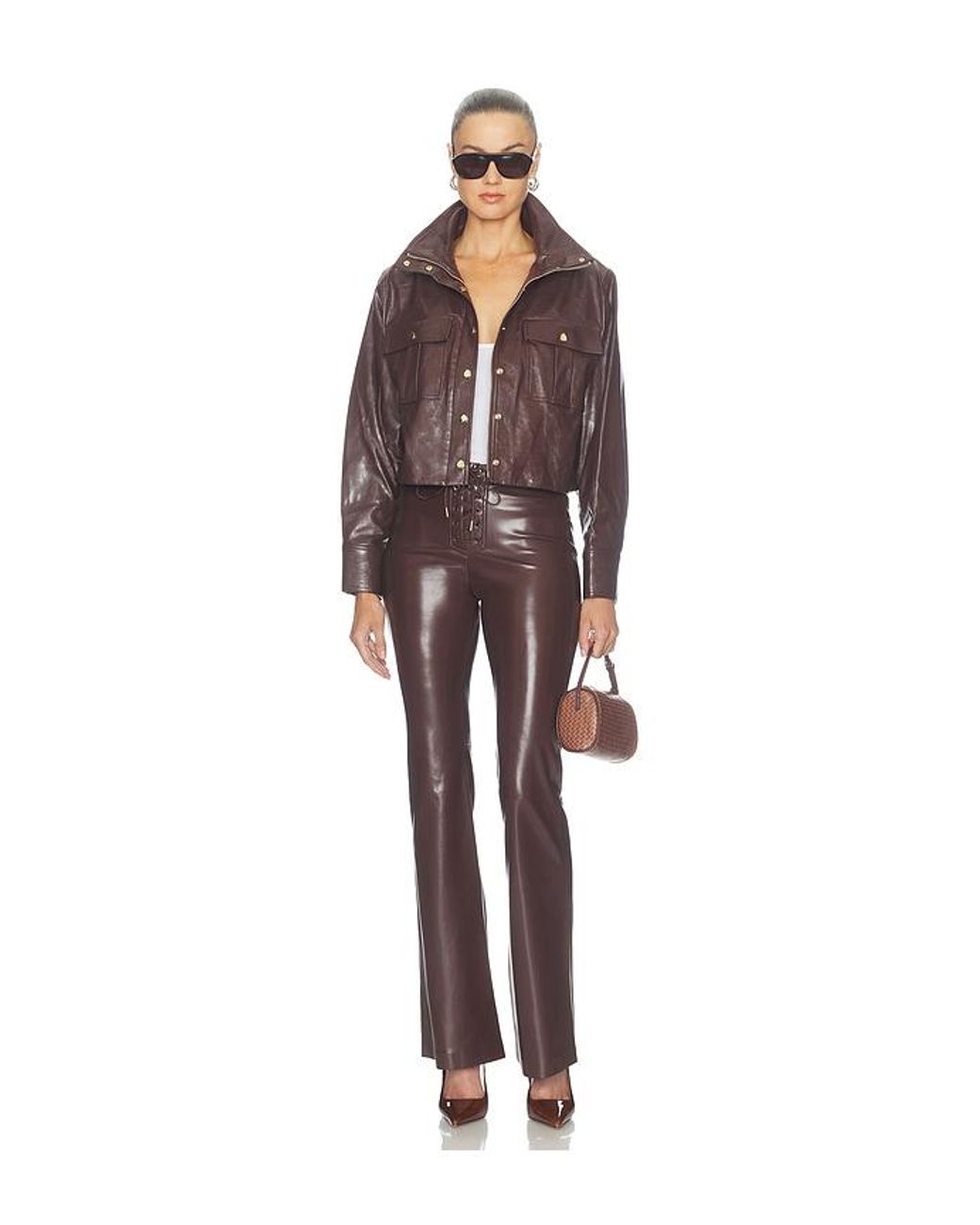Alice + Olivia Brown James Faux Leather Cropped Longsleeve Funnel Neck Parka