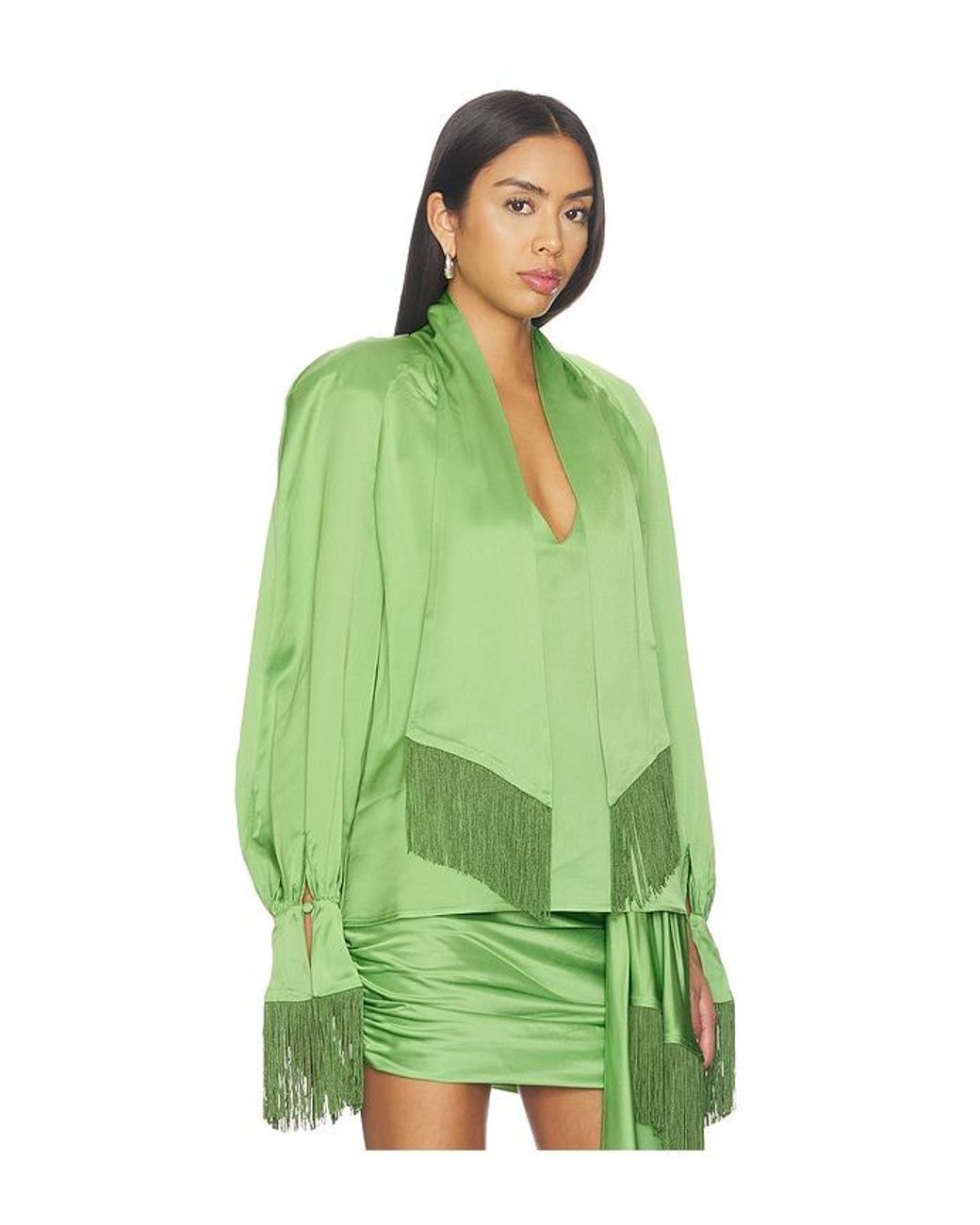 ROWEN ROSE Green Long Sleeve Fringe Top