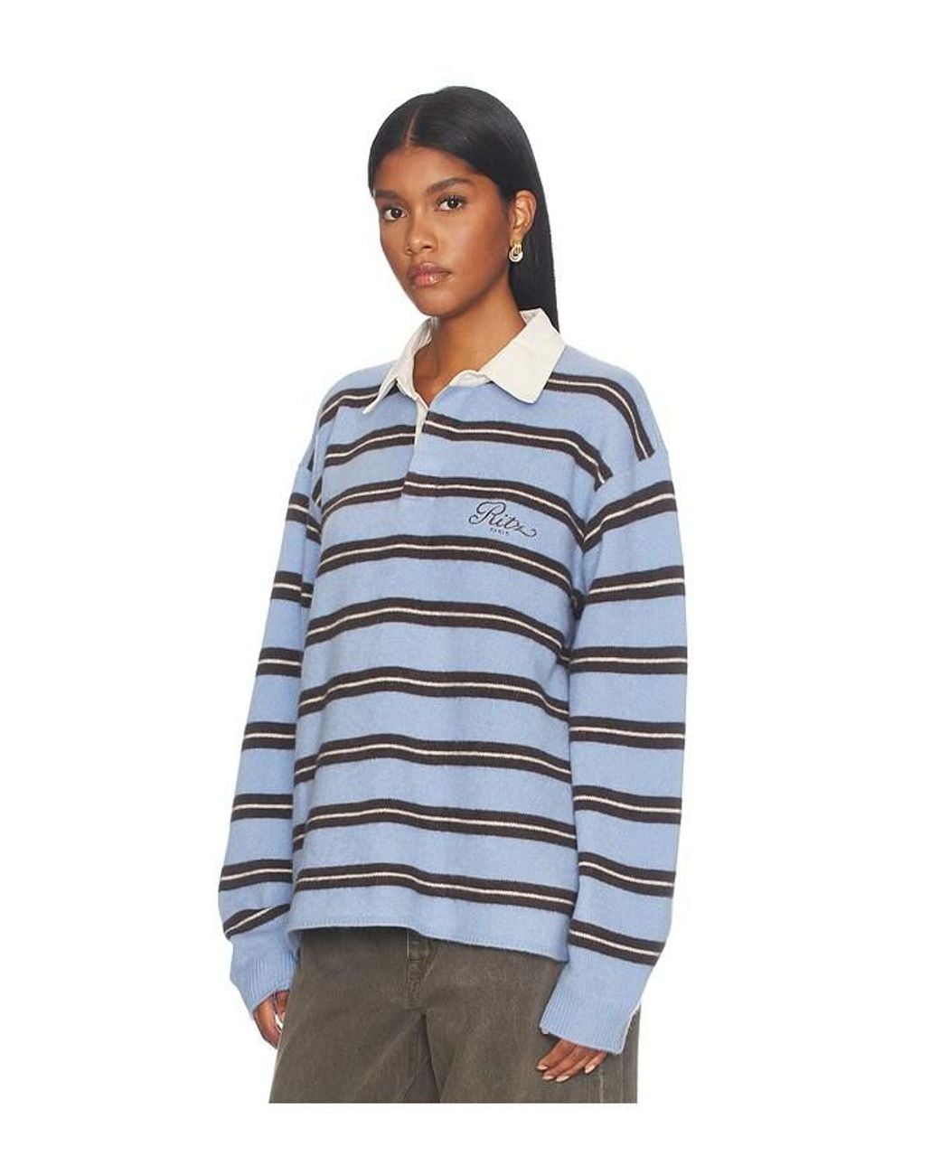 FRAME Blue The Ritz Brushed Cashmere Rugby Sweater