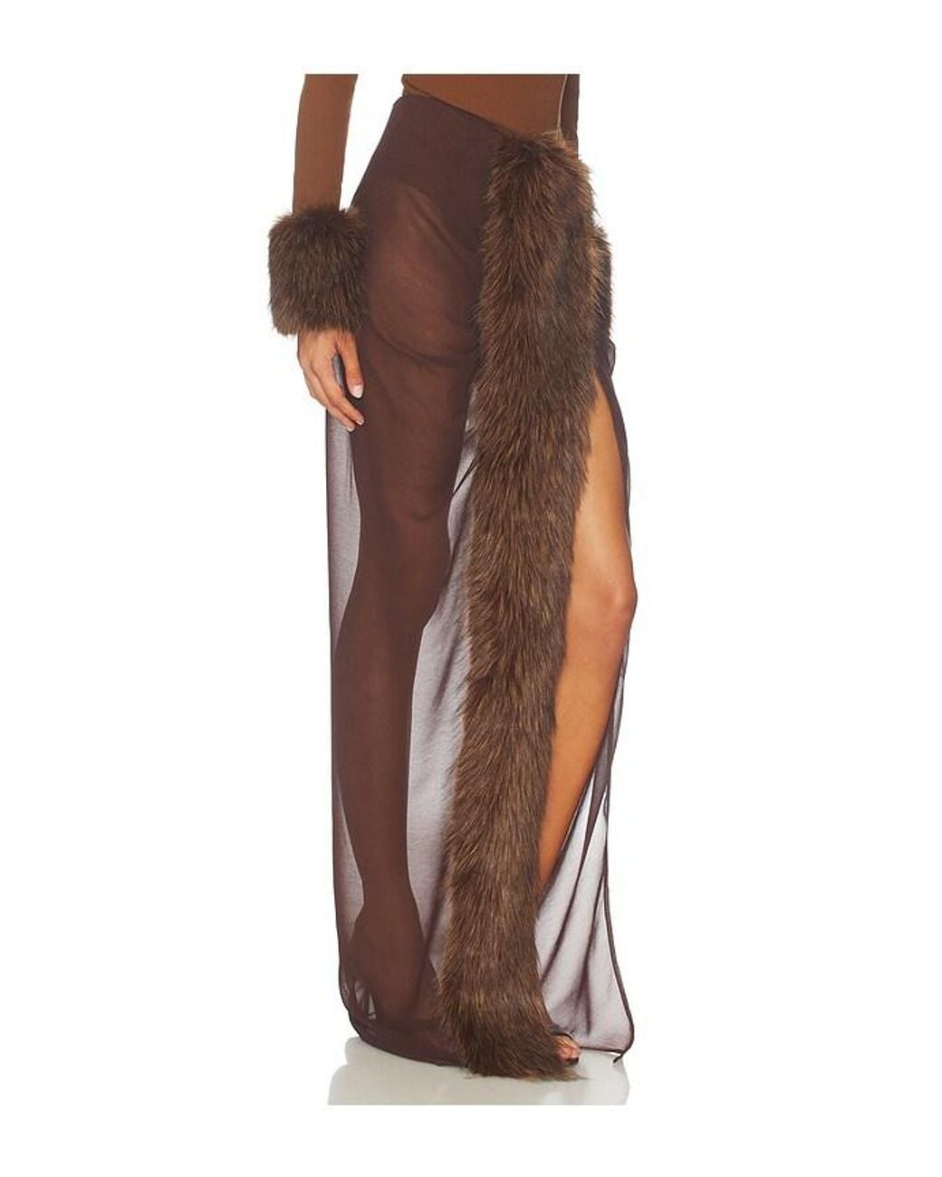 Bronx and Banco Brown Mesh & Faux Fur Maxi Skirt
