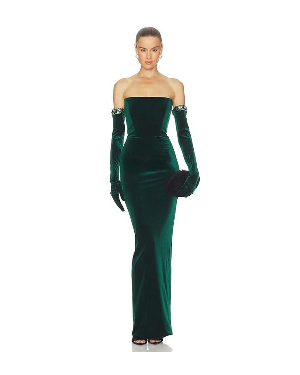 Bronx and Banco Green Velvet Strapless Maxi Dress With Gloves