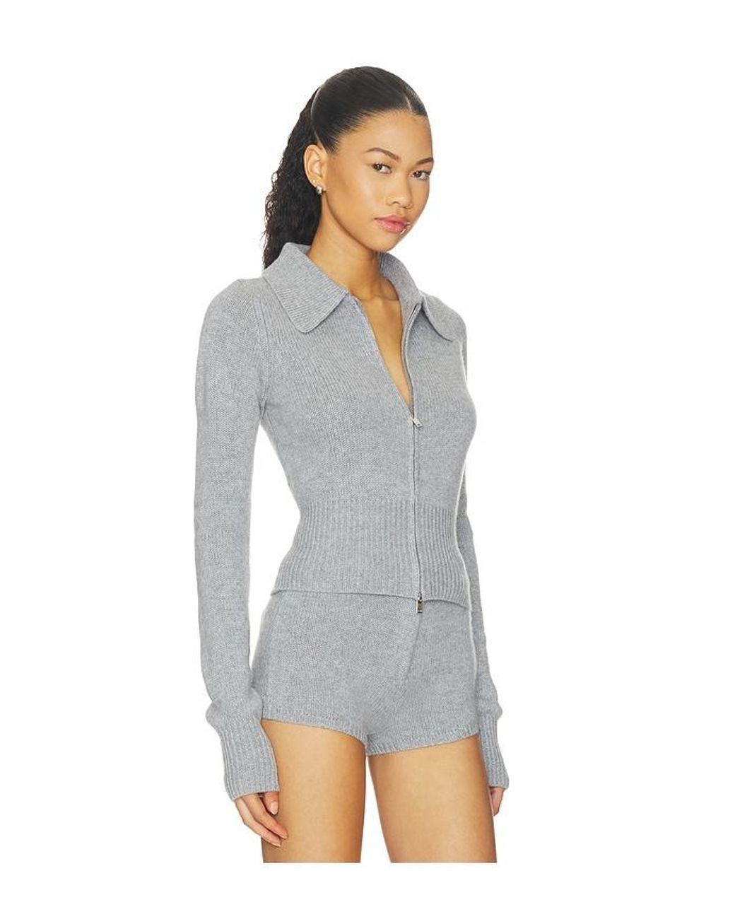 AEXAE Gray Cashmere Ribbed Collar Cardigan