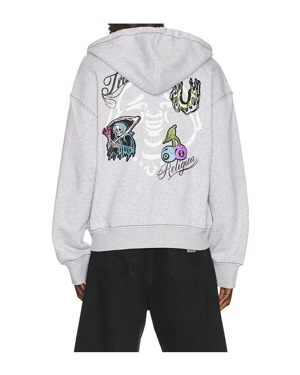 True Religion Gray Buddha Face Big T Boxy Zip Up Hoodie for men