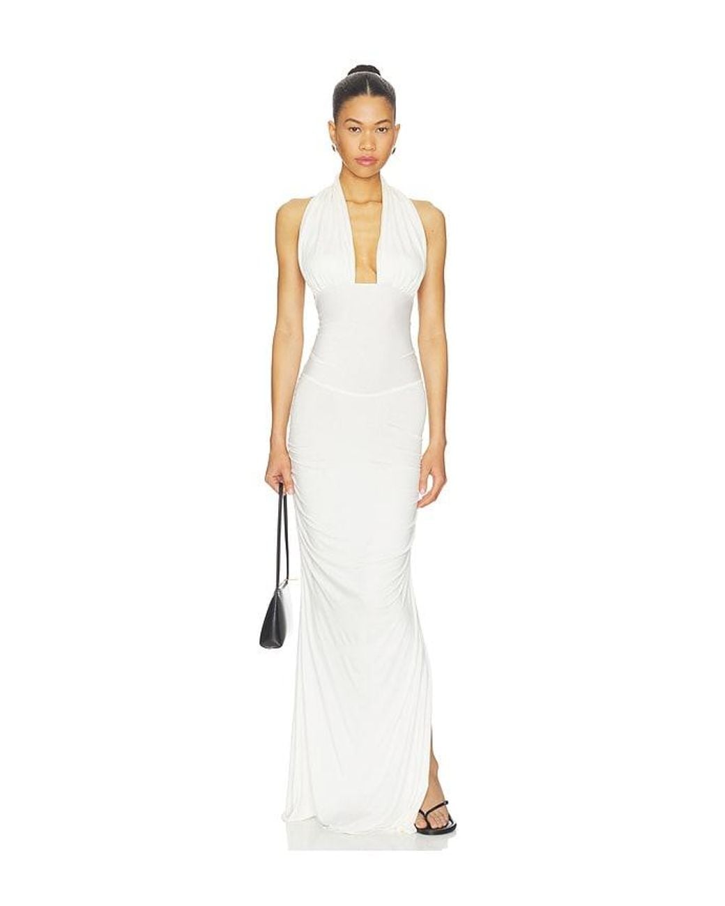 Indah White Amanda Solid Halter Maxi Dress